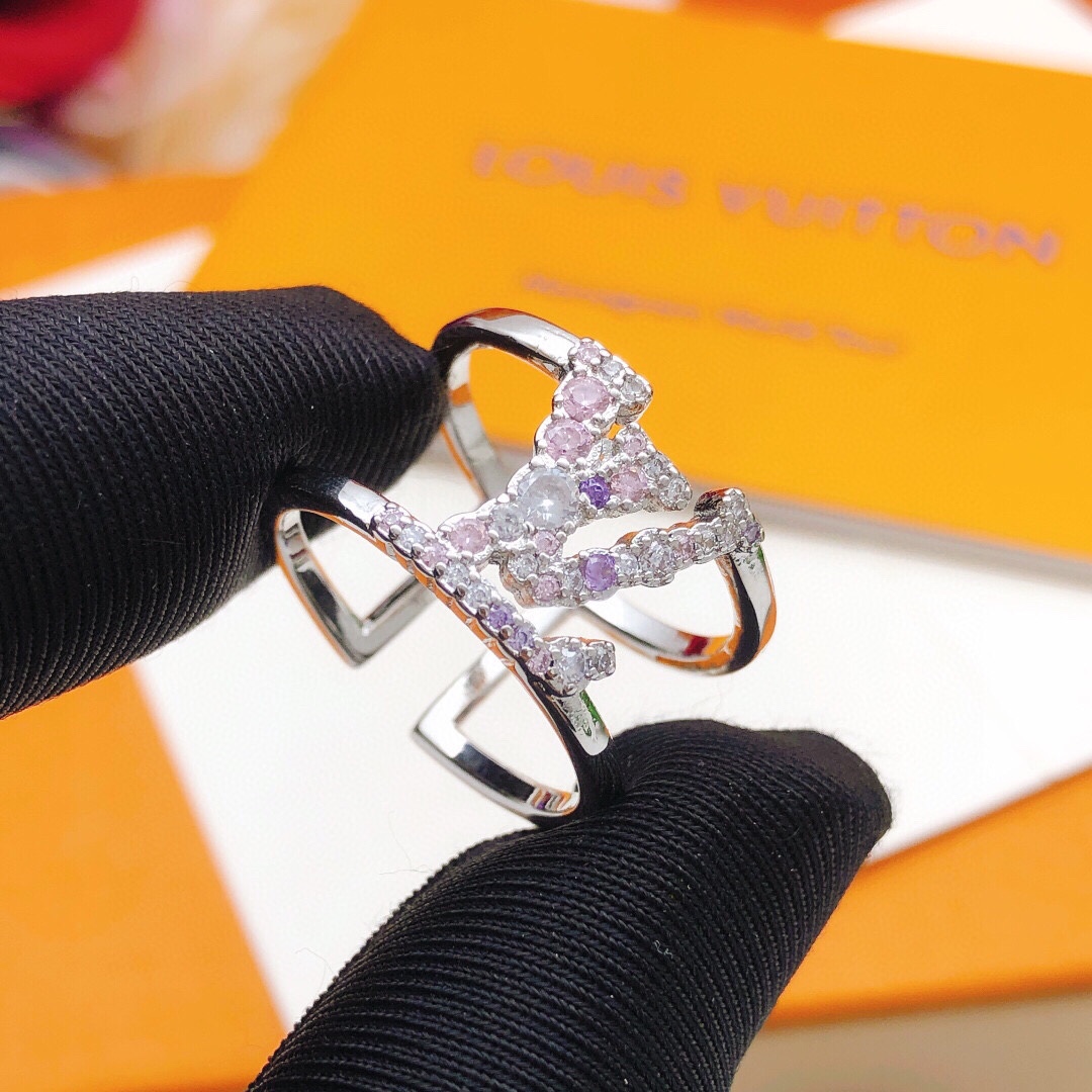 TOP Louis Vuitton LV Colored Diamond Ring-Sliver