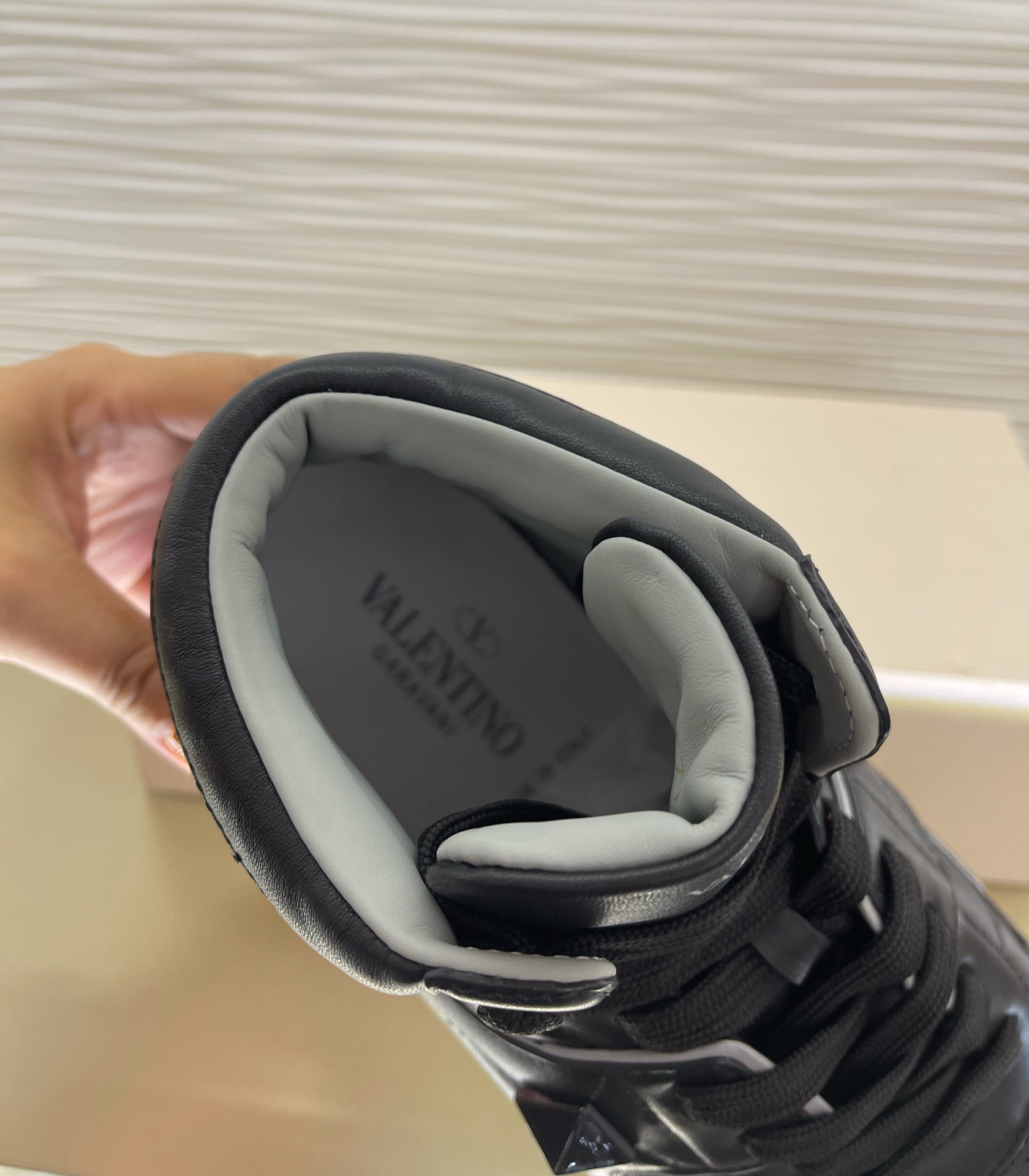 Valentino Garavani One‑Stud High‑Top Sneakers, Black‑Grey Color‑Block Calf Leather Platform Casual Shoes for Men Women