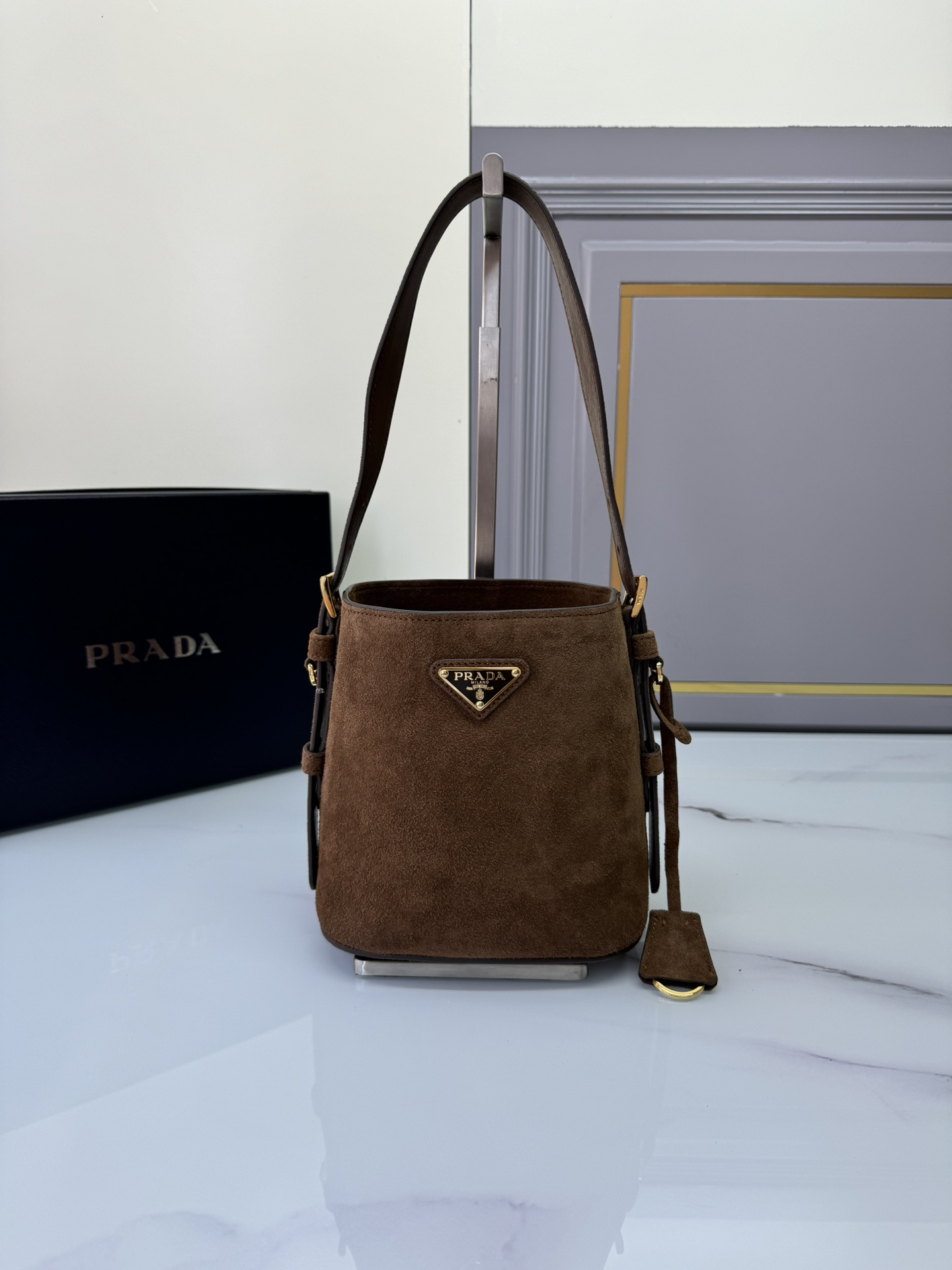 TOP PRADA Suede Bucket Bag 22*22*13cm - Brown