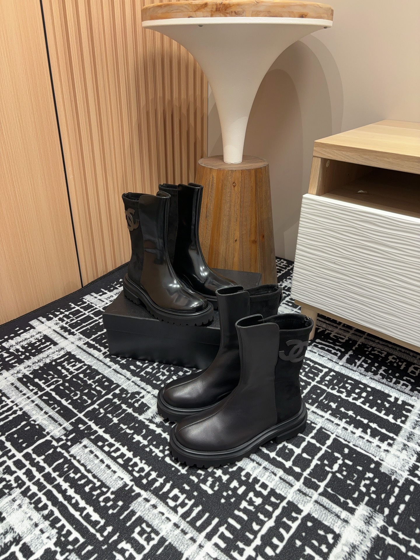 TOP CHANEL Paneled Platform Short-calf Boots - Black