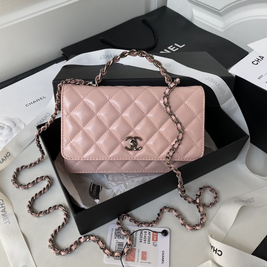 TOP CHANEL Black Silver Rhinestone Handle Organ Cowhide Bag 19cm - Pink