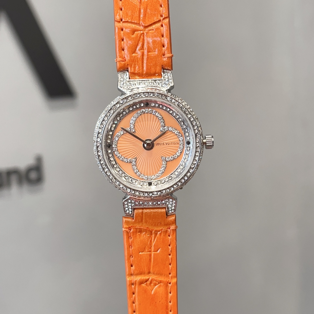 TOP Louis Vuitton LV Tambour Slim Monogram Lady Watch Leather 36mm - 5 Colours - Orange Dial