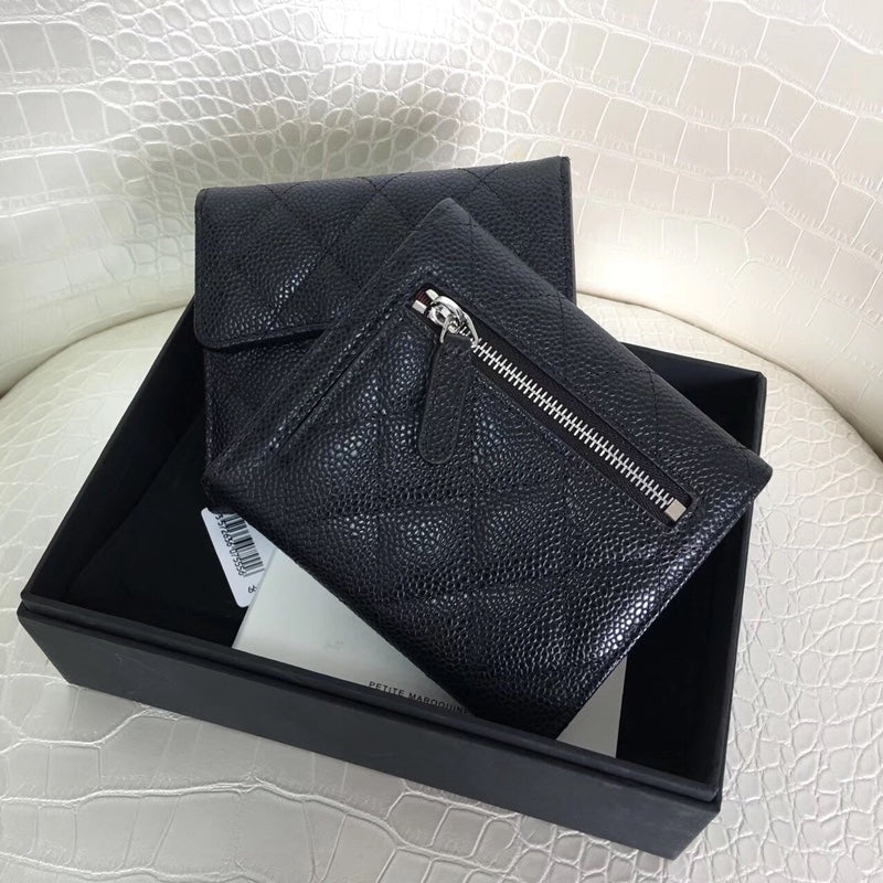 TOP CHANEL Trifold Wallet Caviar Skin - Black & SHW