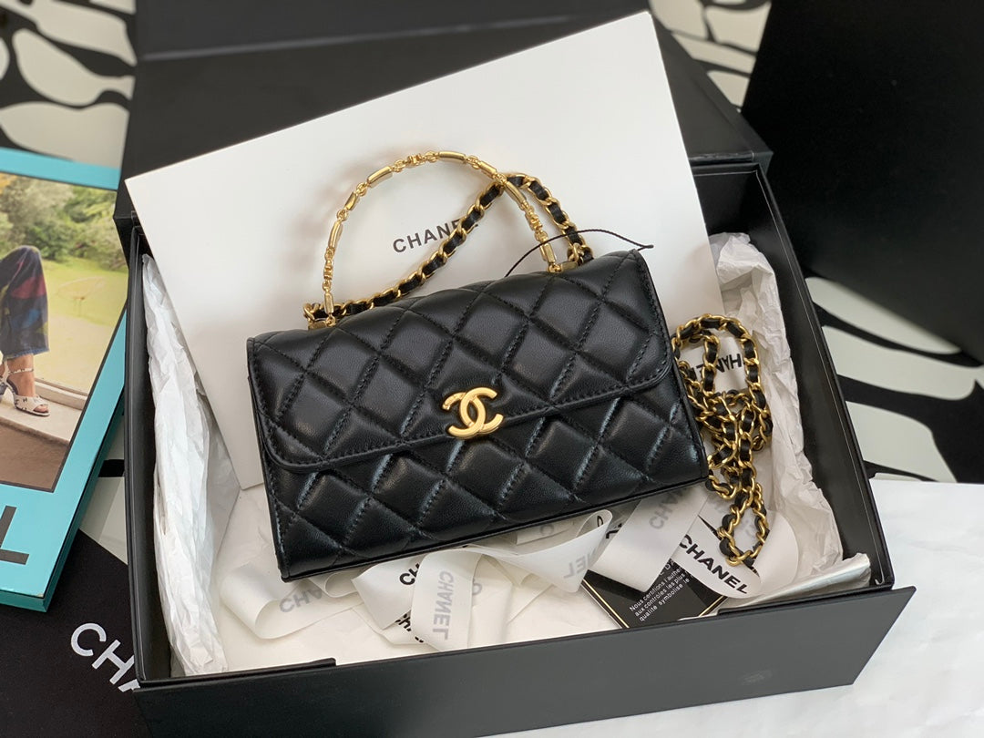 TOP CHANEL Flap Phone Holder Chain Bag w Enamel Top Handle - Black
