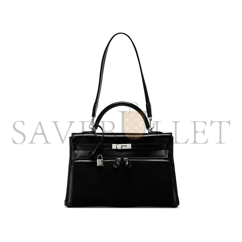 HERMÈS A BLACK SWIFT LEATHER & CANVAS KELLY LAKIS 32 WITH PALLADIUM HARDWARE (32*23*10cm)