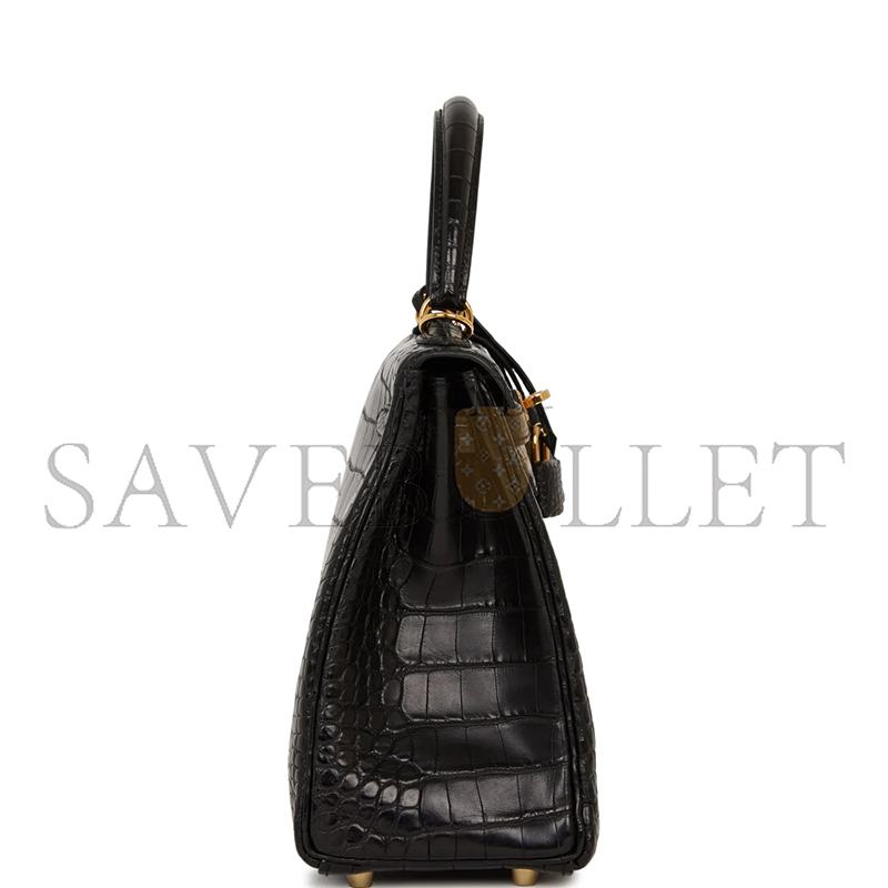 HERMÈS KELLY RETOURNE 25 BLACK MATTE ALLIGATOR GOLD HARDWARE (25*20*13cm)