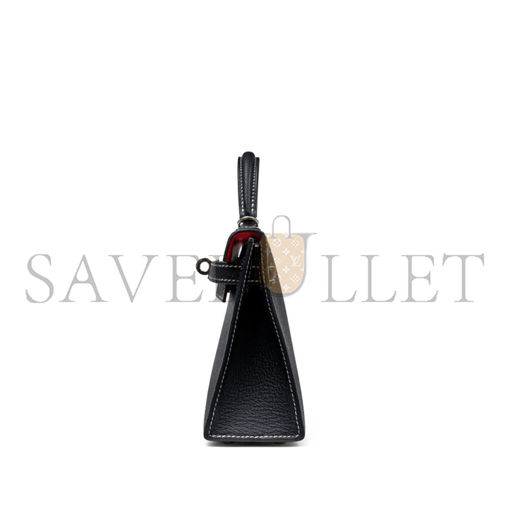 HERMÈS BLACK AND ROUGE DE COEUR BI-COLOR CHÈVRE MYSORE MINI KELLY II PALLADIUM HARDWARE (19*12*5.5cm)