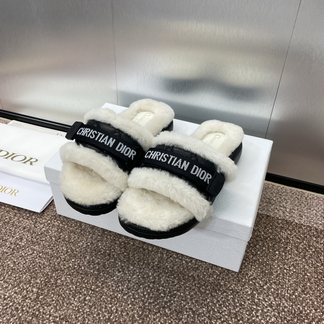 TOP Christian Dior IVIERA EVOLUTION Embroidery LOGO Leather Thick Bottom Fur Slippers - 5 Color