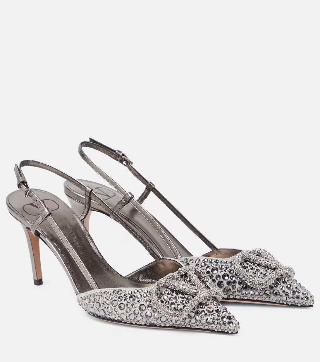 TOP VALENTINO VLogo Signature 80 embellished slingback pumps - Silver