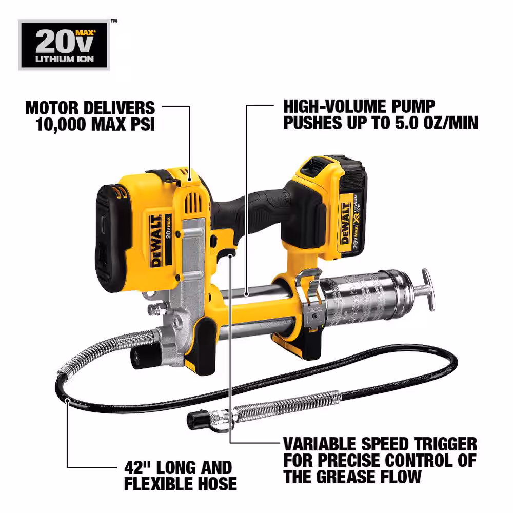 20V MAX Cordless 10,000 PSI Variable Speed Grease Gun, (1) 20V 4.0Ah Battery, and Charger