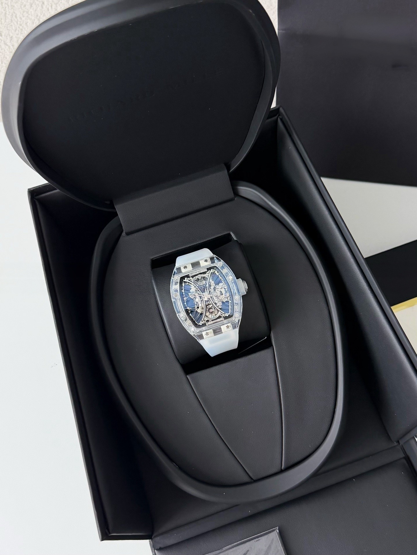 AAAWatch Men's Tonneau Skeleton Mechanical Wrist Watch, Transparent Crystal Case, White Rubber Strap Luxury Hollow‑Dial Timepiece