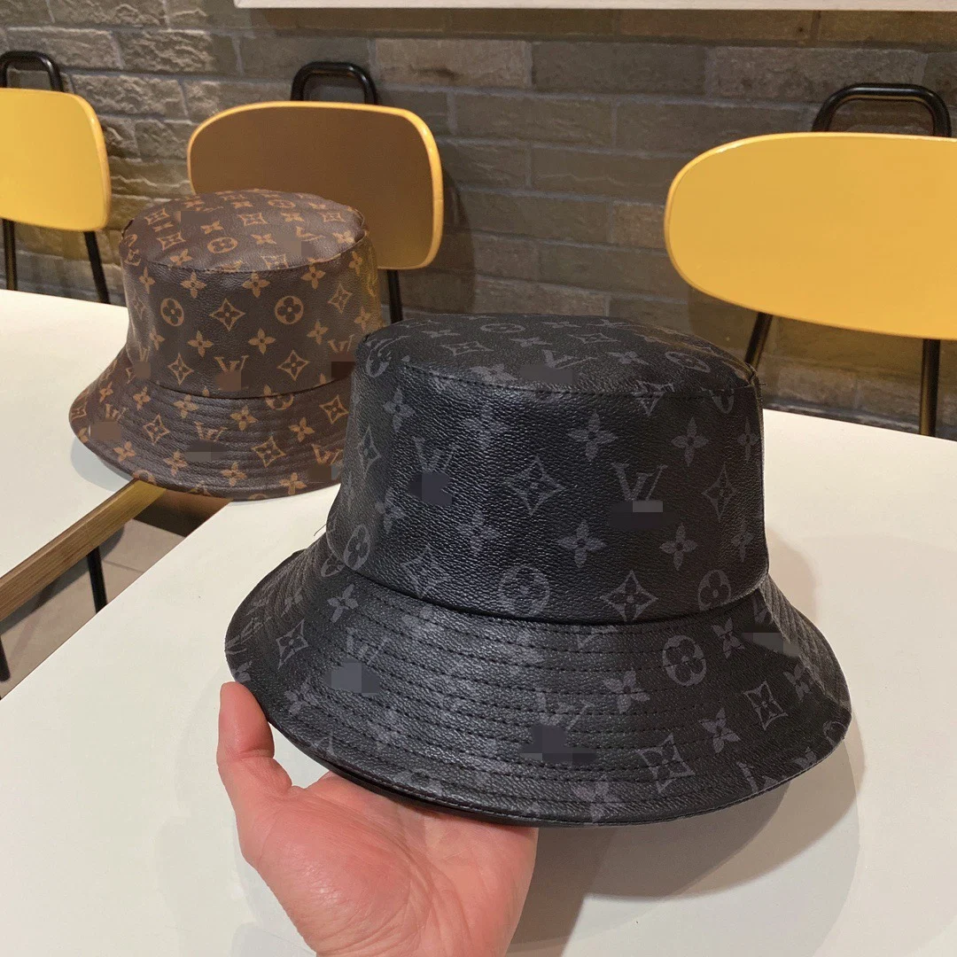 AAACAT Fashion Vintage Monogram PU Leather Bucket Hat Unisex Outdoor Sun Protection Fisherman Cap