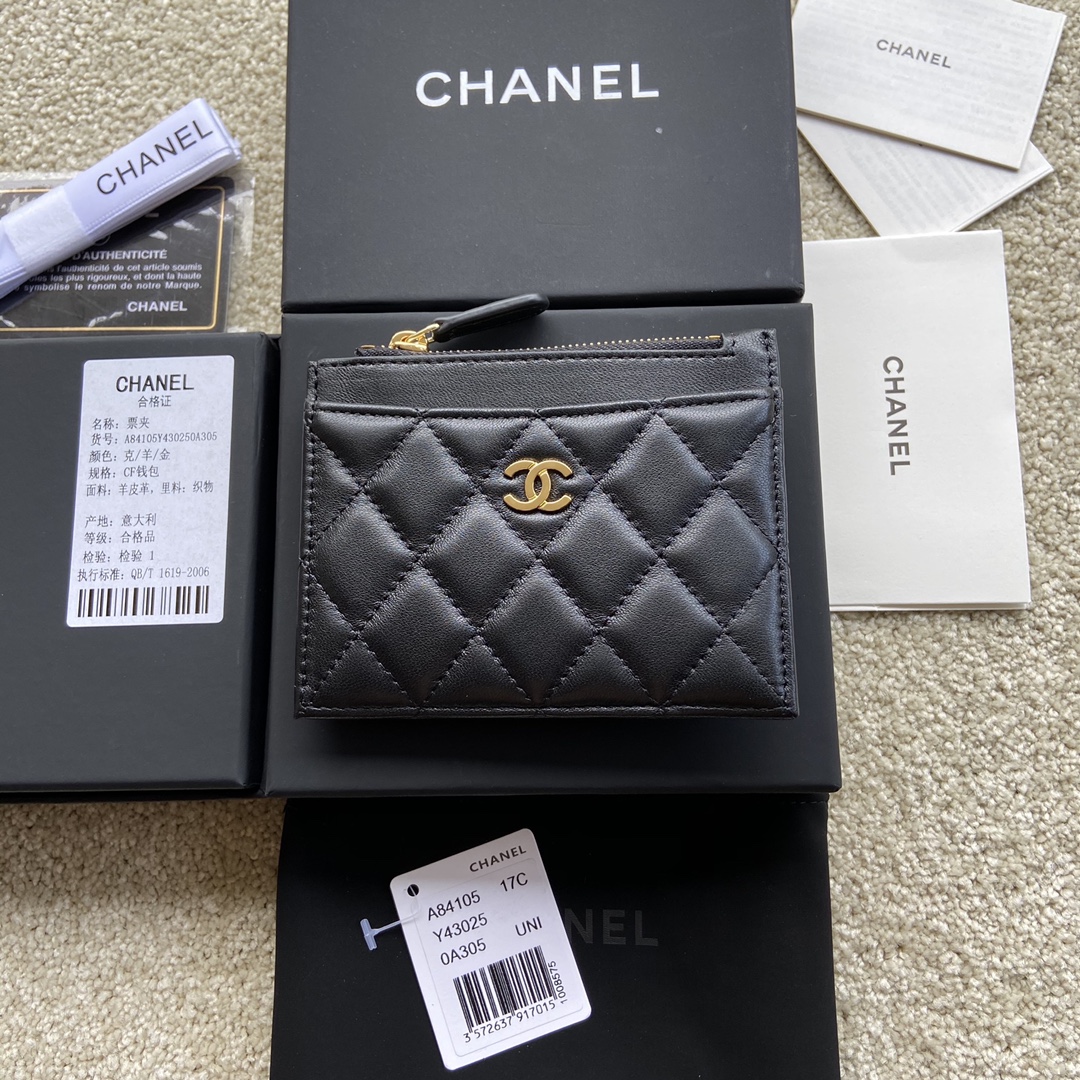 TOP CHANEL Cardholder Lambskin 11.5x9cm - Black & GHW/SHW