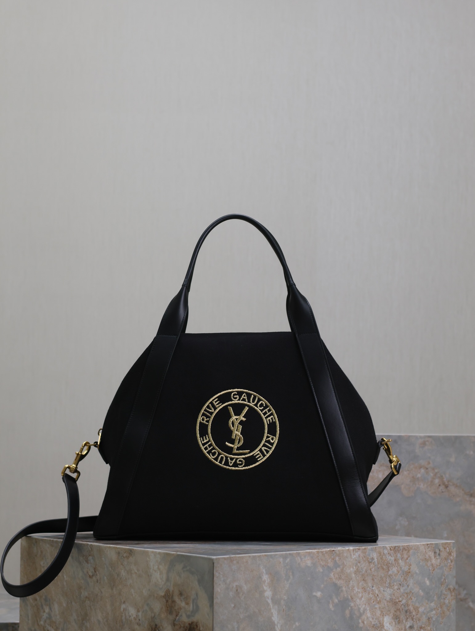 TOP Yves Saint Laurent YSL RIVE GAUCHE Bowling Tote Bag 42×32×18cm - Black