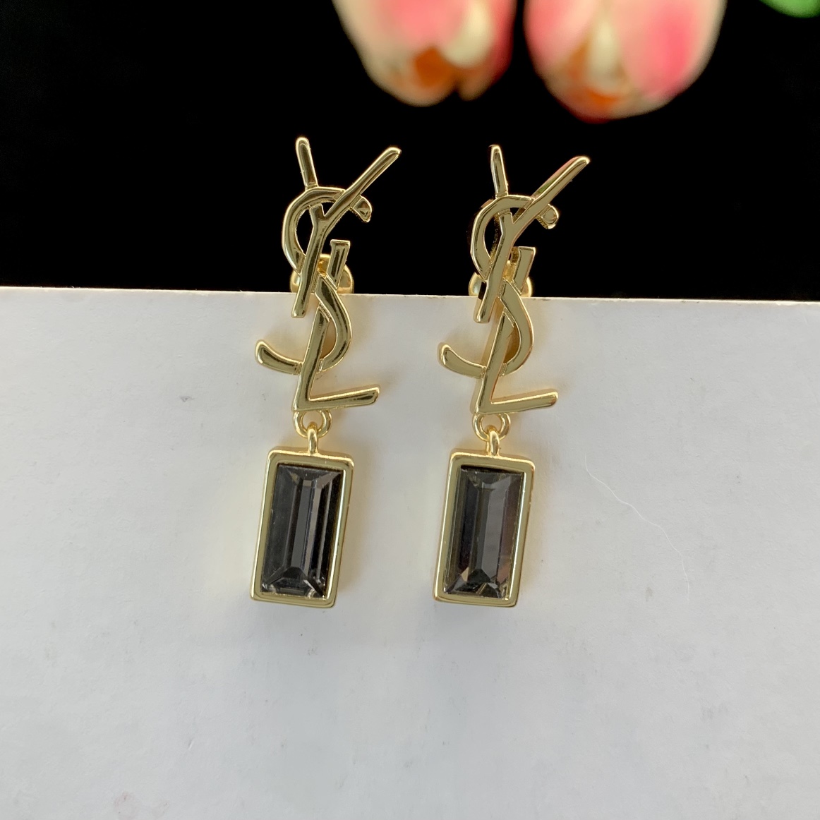 TOP Yves Saint Laurent YSL Metal Gemstone Stud Earrings - YSL