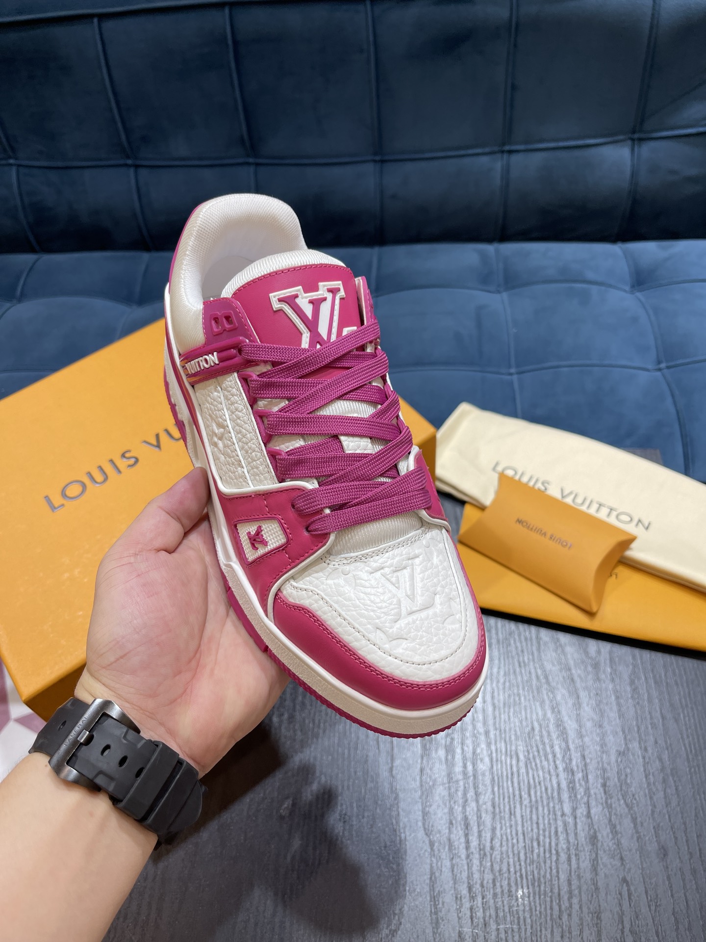 Louis Vuitton Trainer Sneaker White Fuchsia Pink Leather Low‑top Unisex Casual Shoes