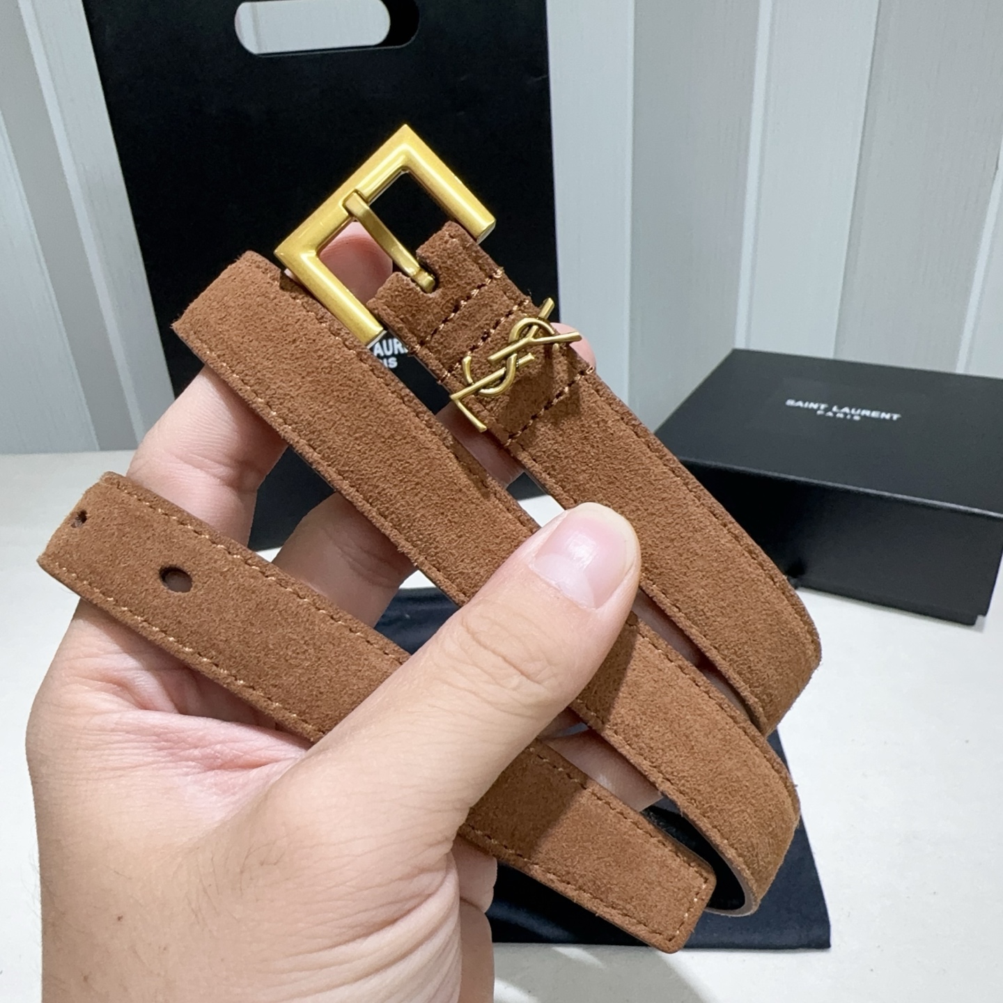 SAINT LAURENT Suede Thin Belt For Women, YSL Metal Square Buckle Decorative Waist Belt, Multiple Colors Available