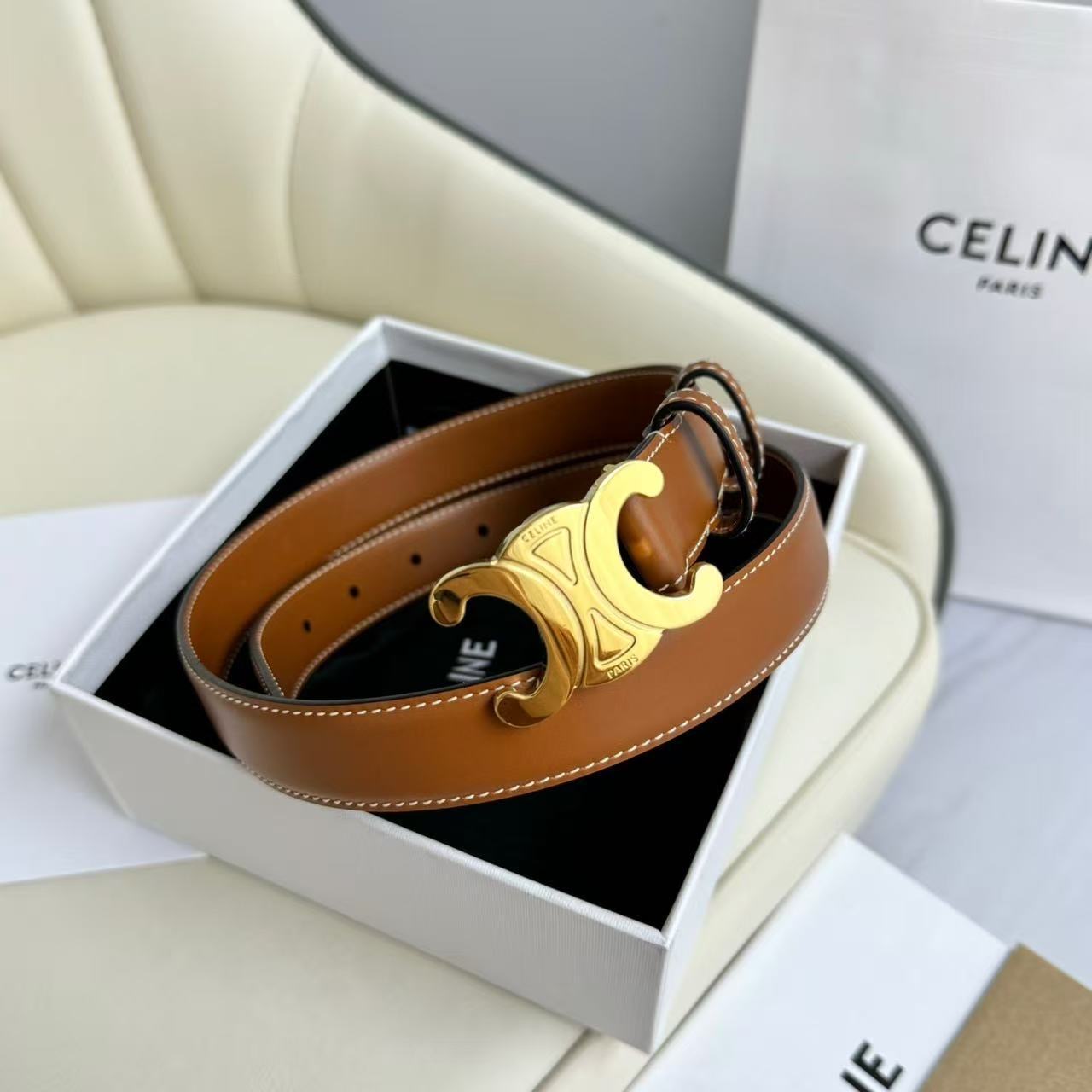 Celine Triomphe Buckle Leather Belt, Classic Smooth Cowhide Waist Belt for Women, Luxury Fashion Accessory