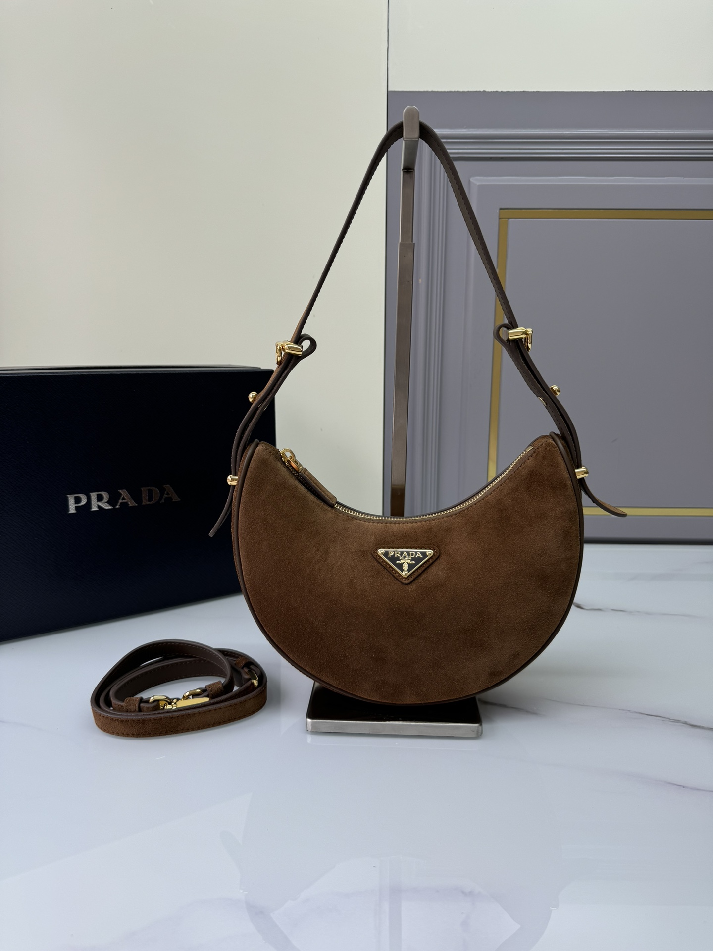 TOP PRADA Moon Bag Suede Calfskin 22.5x18.5x6.5cm - Brown
