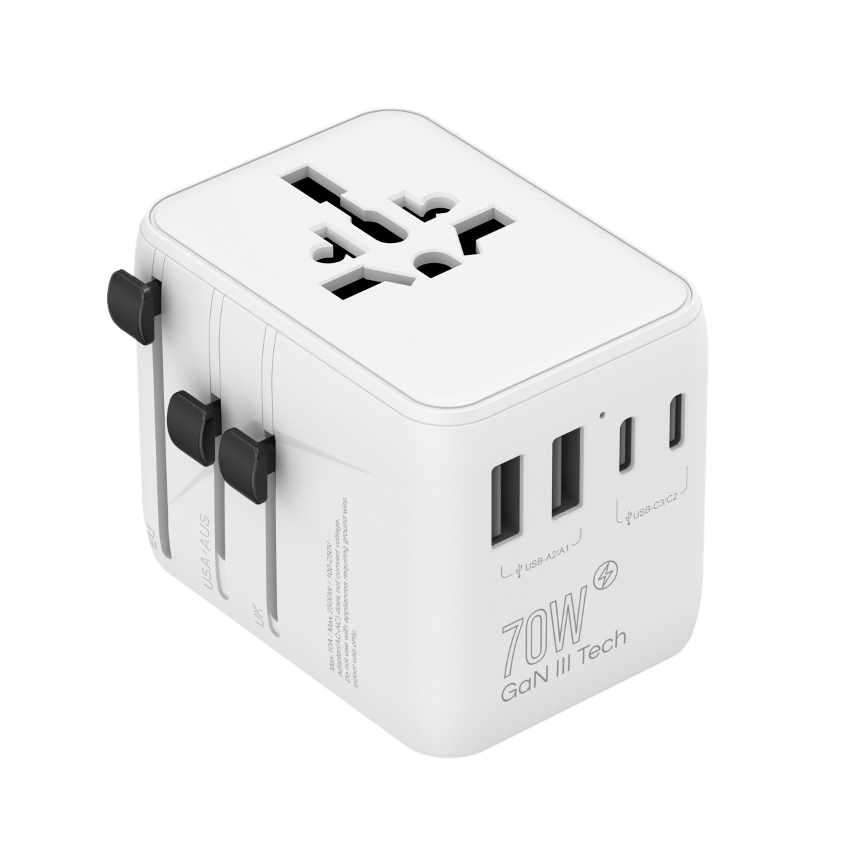 Compact Size International Travel Adapter with Custom logo GaN 70W Travel Charger Universal Ac Adapter Copper 10A Rated Travel Adapter