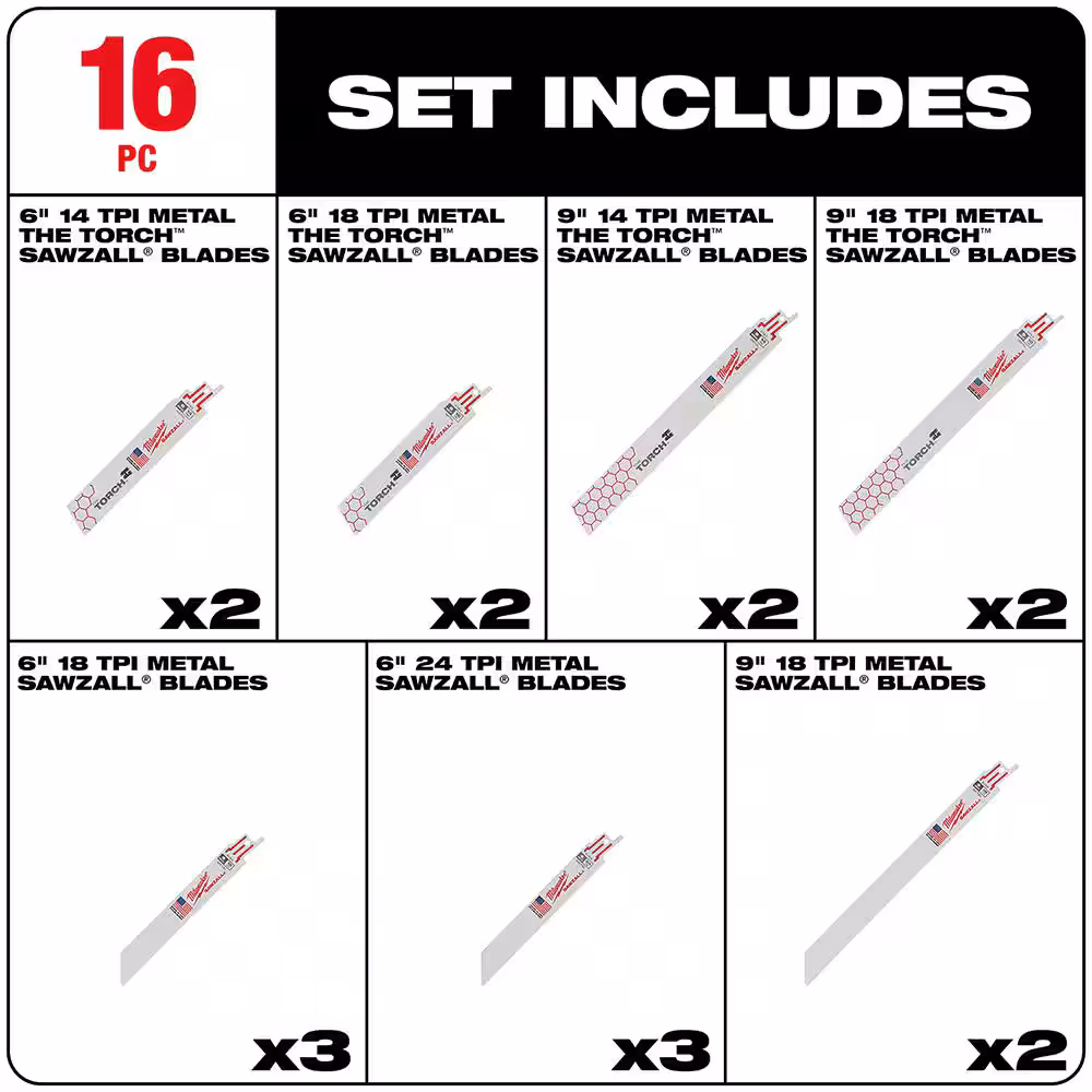 SAWZALL Metal Cutting Bi-Metal Reciprocating Blade Set (16 Piece)