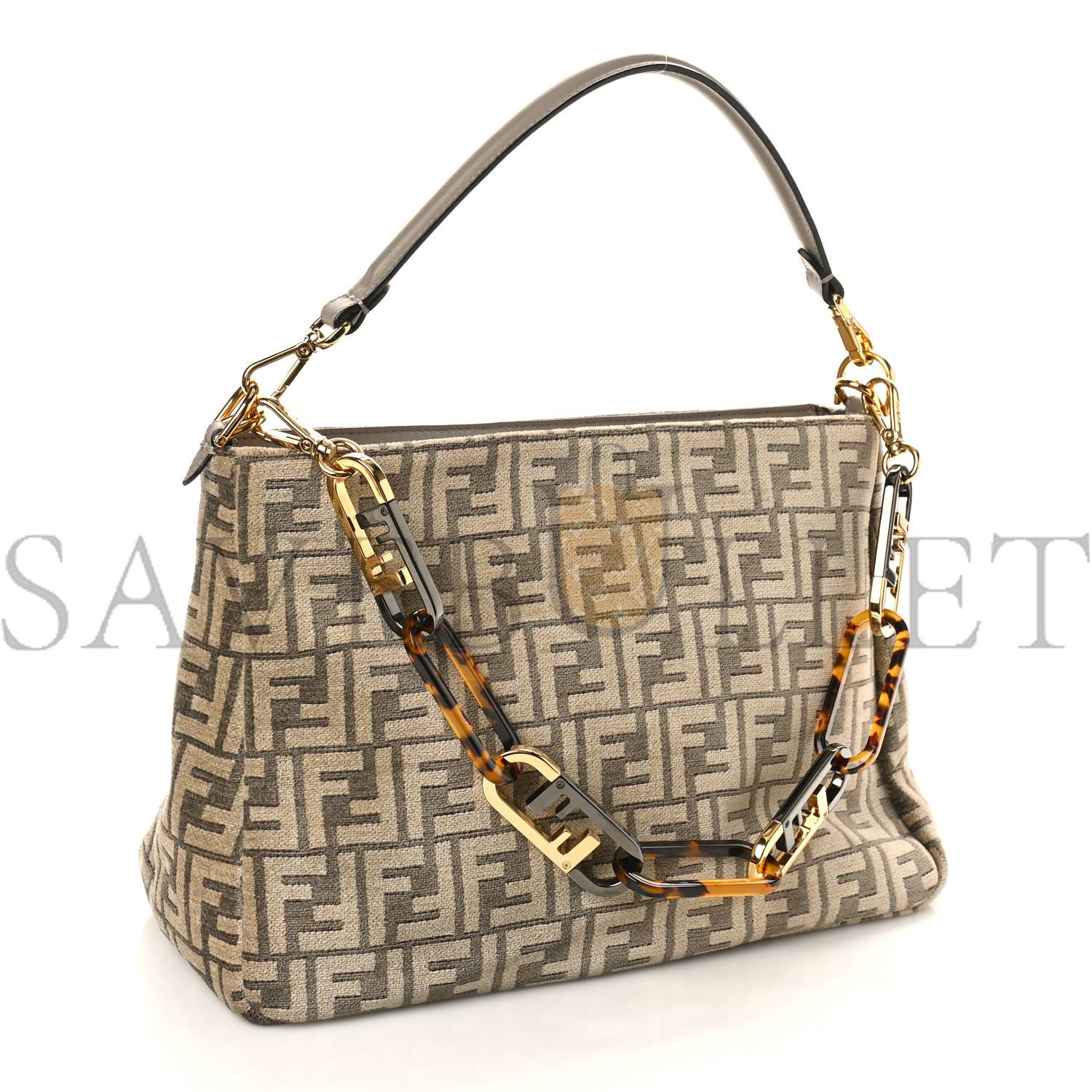 FENDI CHENILLE VITELLO SETA PLEXIGLASS FF FENDI O'LOCK ZIPPER TORTORA NUVOLA (34*23*13cm)