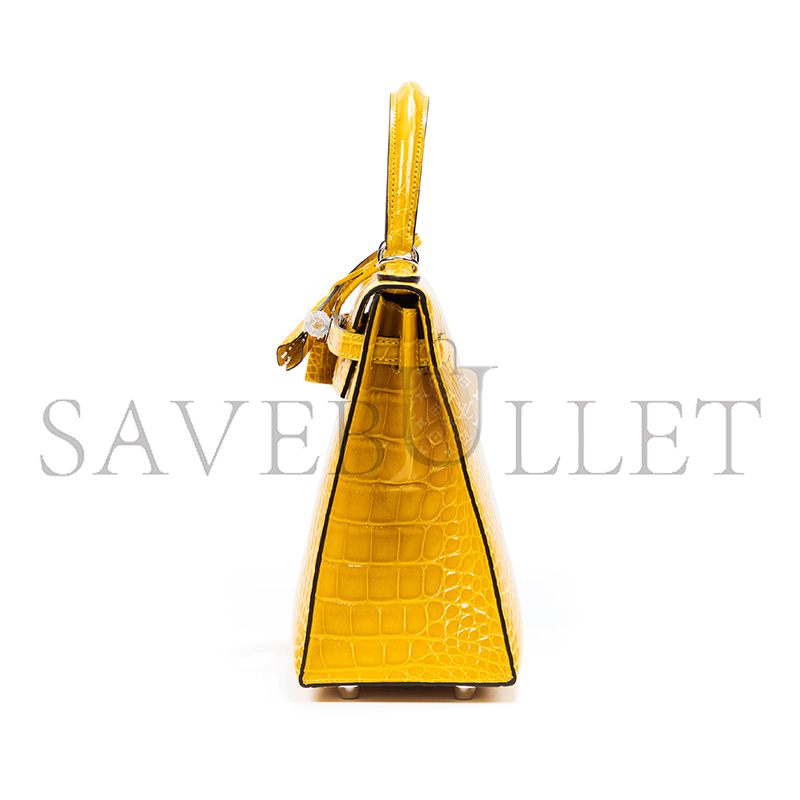 HERMÈS KELLY 25 NILE CROCODILE LEATHER AMBER YELLOW SILVER BUCKLE (25*17*7cm)