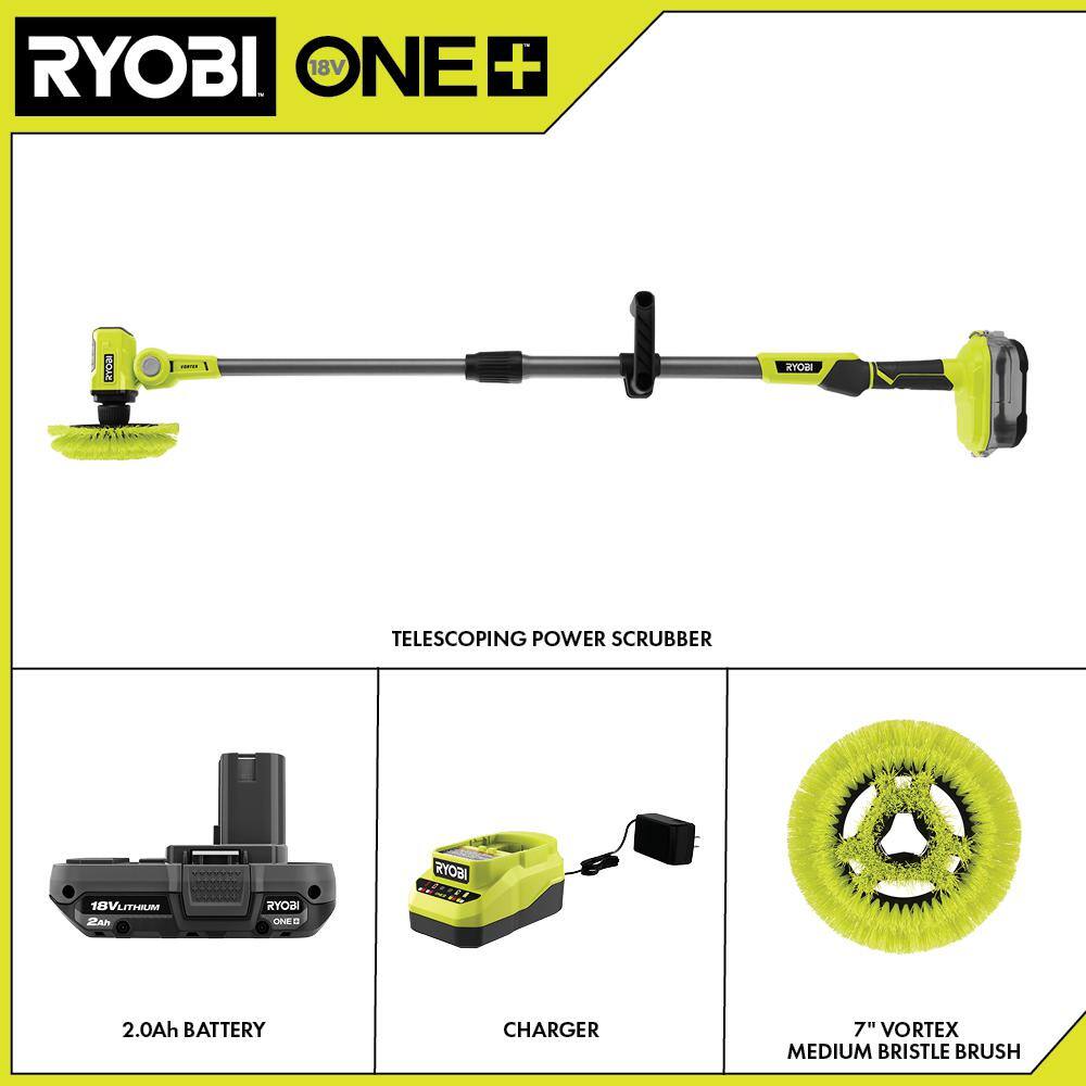 ONE+ 18V Cordless Telescoping Power Scrubber Kit with 2.0 Ah Battery and Charger