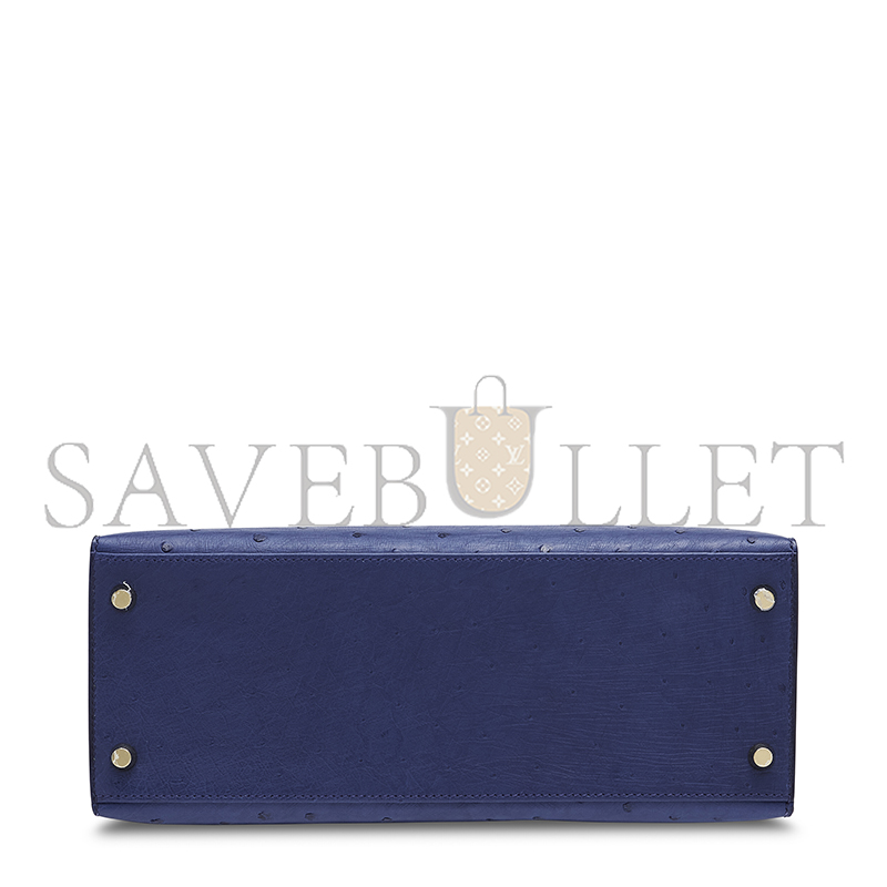 HERMÈS OSTRICH SELLIER KELLY 28 IRIS BLUE WITH GOLD HARDWARE (28*22*10cm)