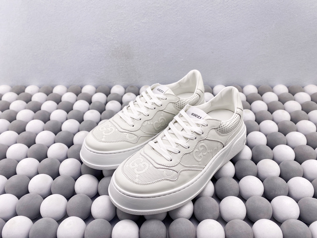 Gucci Women White Platform Sneakers Embossed GG Perforated Leather Lace‑up Casual Shoes