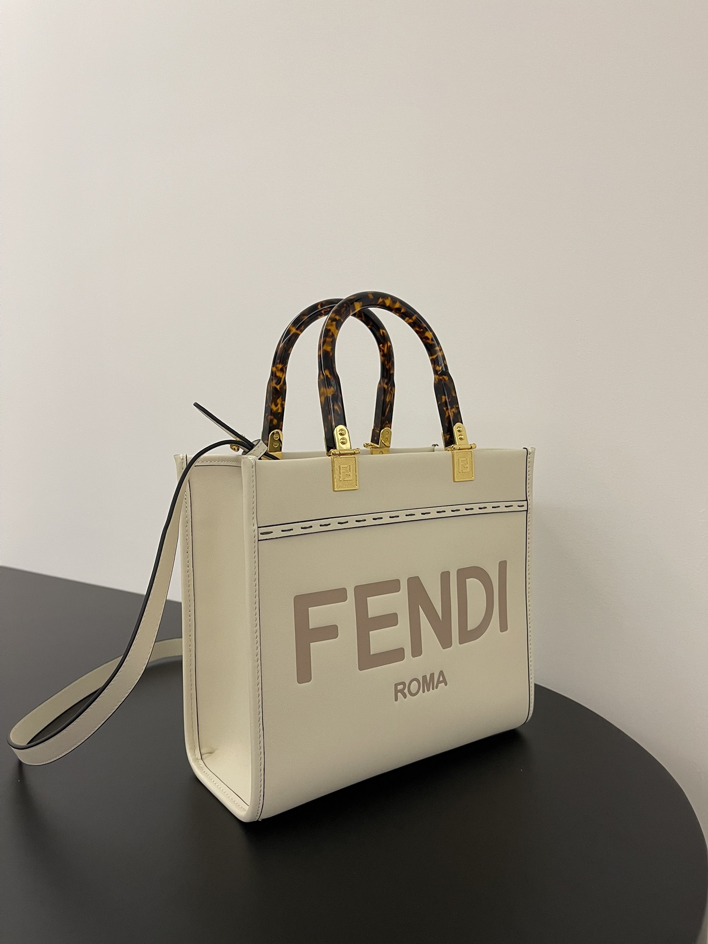 TOP FENDI Leather Sunshine Tote Small Shopping Bags 25.5x12x22.5cm - Beige