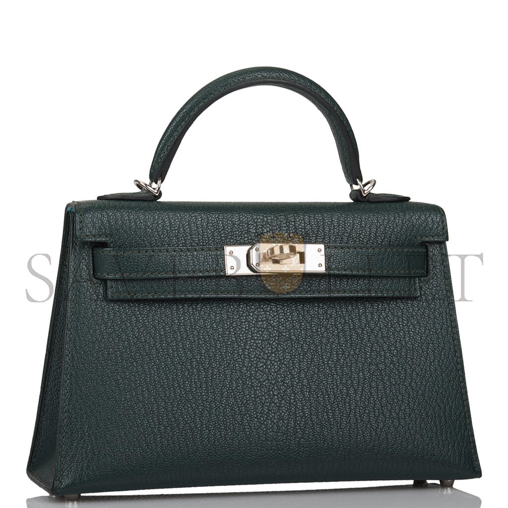 HERMÈS SELLIER KELLY II CHEVRE LEATHER TITAN GREEN WITH NORTHERN BLUE INSIDE (19*12*5.5cm)