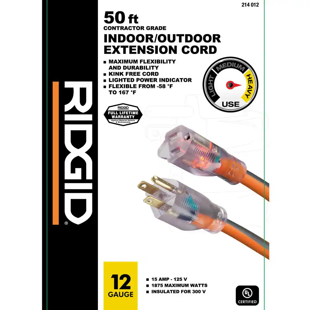 50 ft. 12/3 Heavy Duty Indoor/Outdoor Extension Cord with Lighted End, Orange/Grey