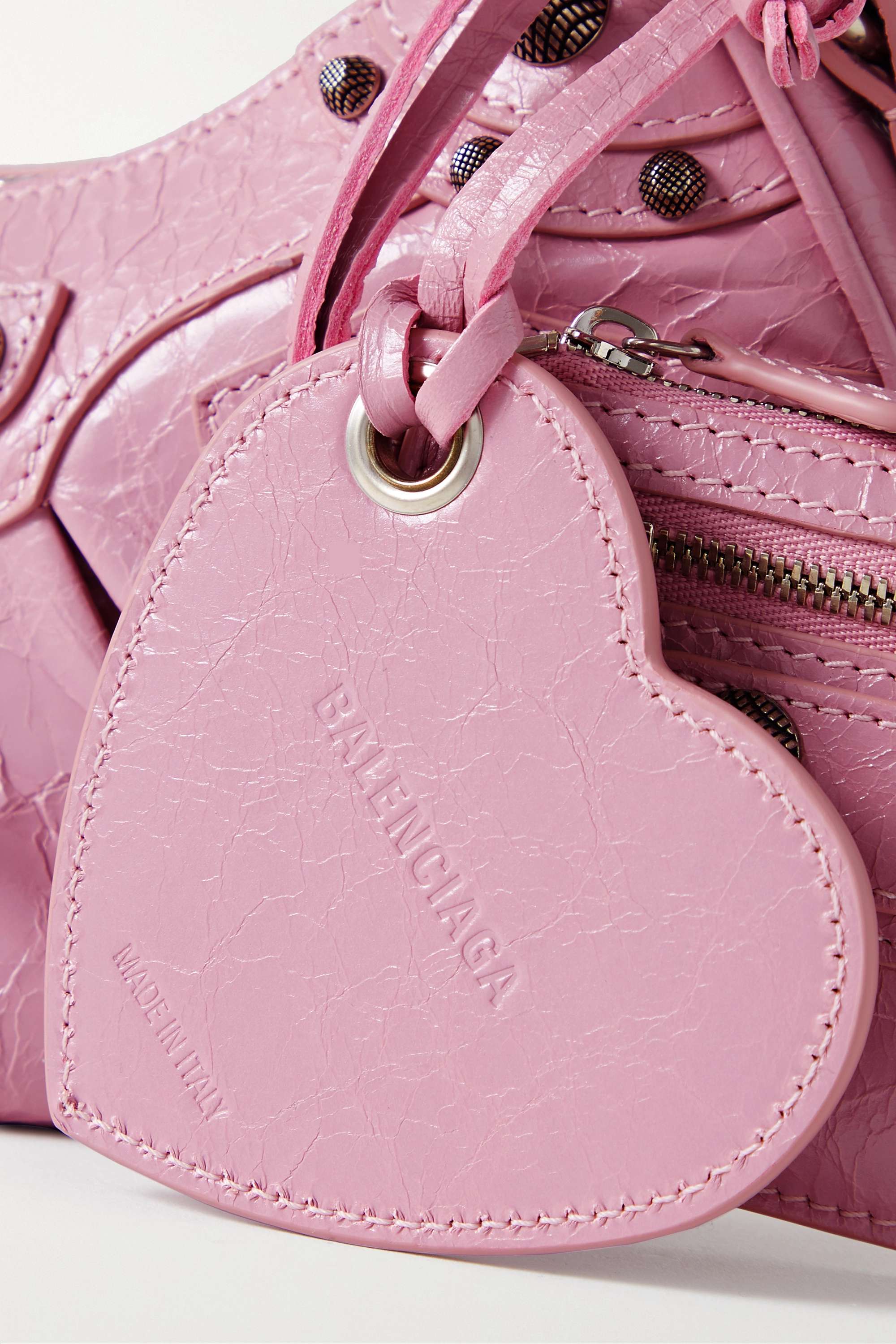 BALENCIAGA Le Cagole XS studded crinkled-leather shoulder bag pink（10A Mirror Version）