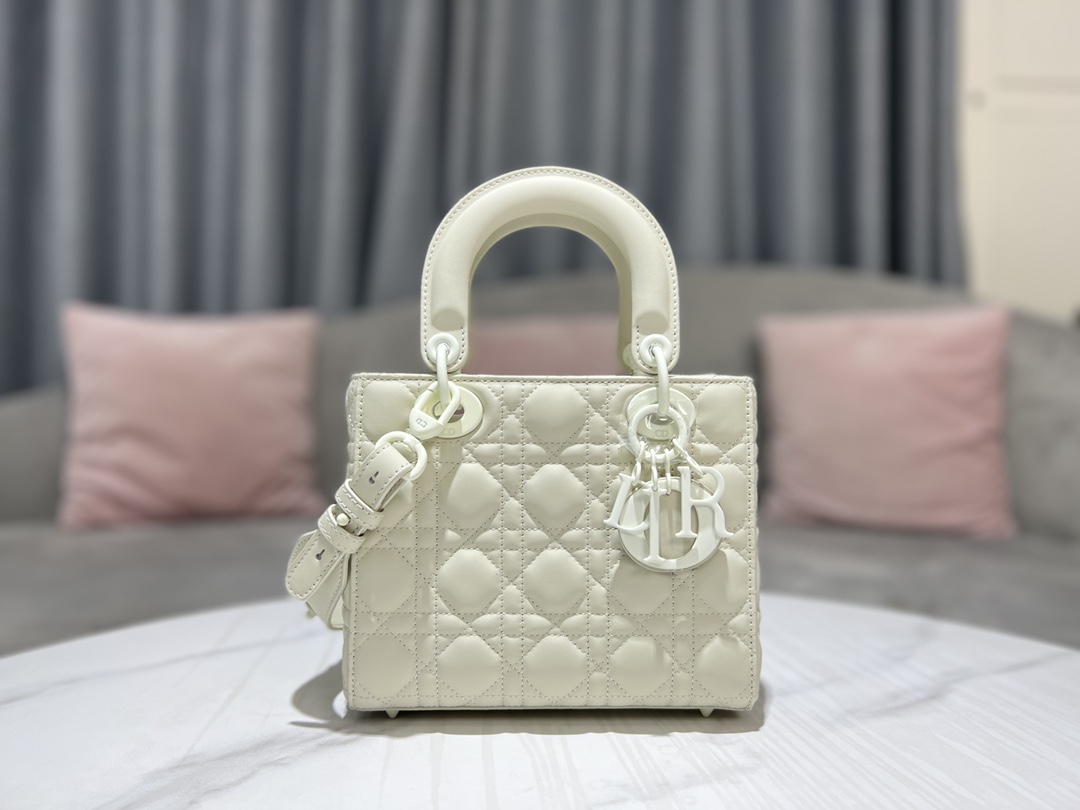 TOP Christian Dior Lady Christian Dior Bag Calfskin Matte Deerskin Velvet Lining - White - 20CM