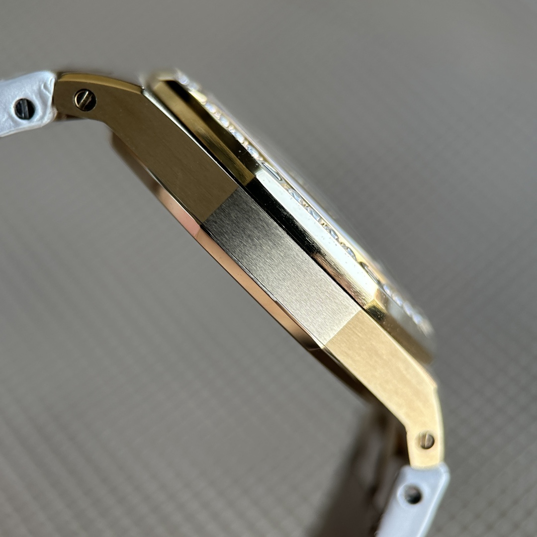 Audemars Piguet Lady Royal Oak Watch, Gold Case Diamond Bezel MOP Dial White Crocodile Leather Strap Ladies Wrist Watch