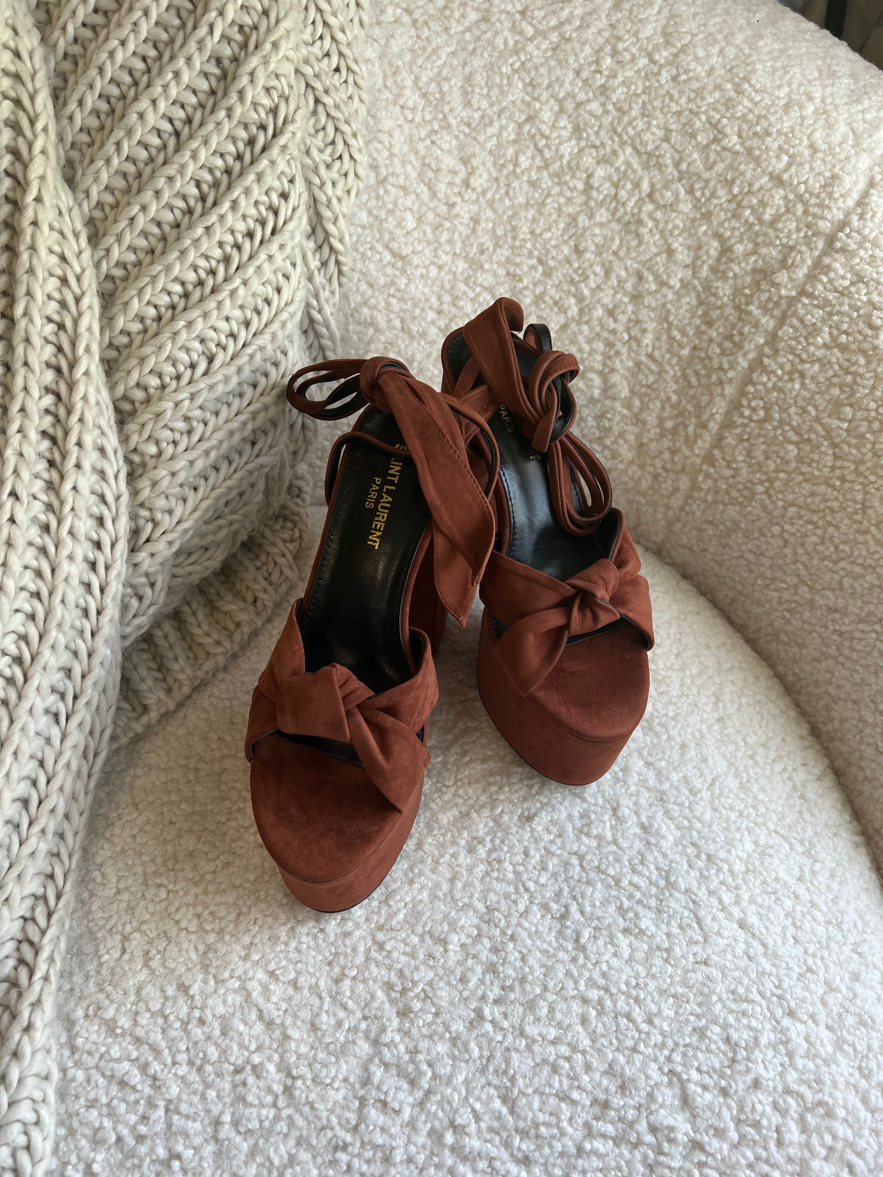 TOP Yves Saint Laurent YSL Suede Platform High Heels - Brown