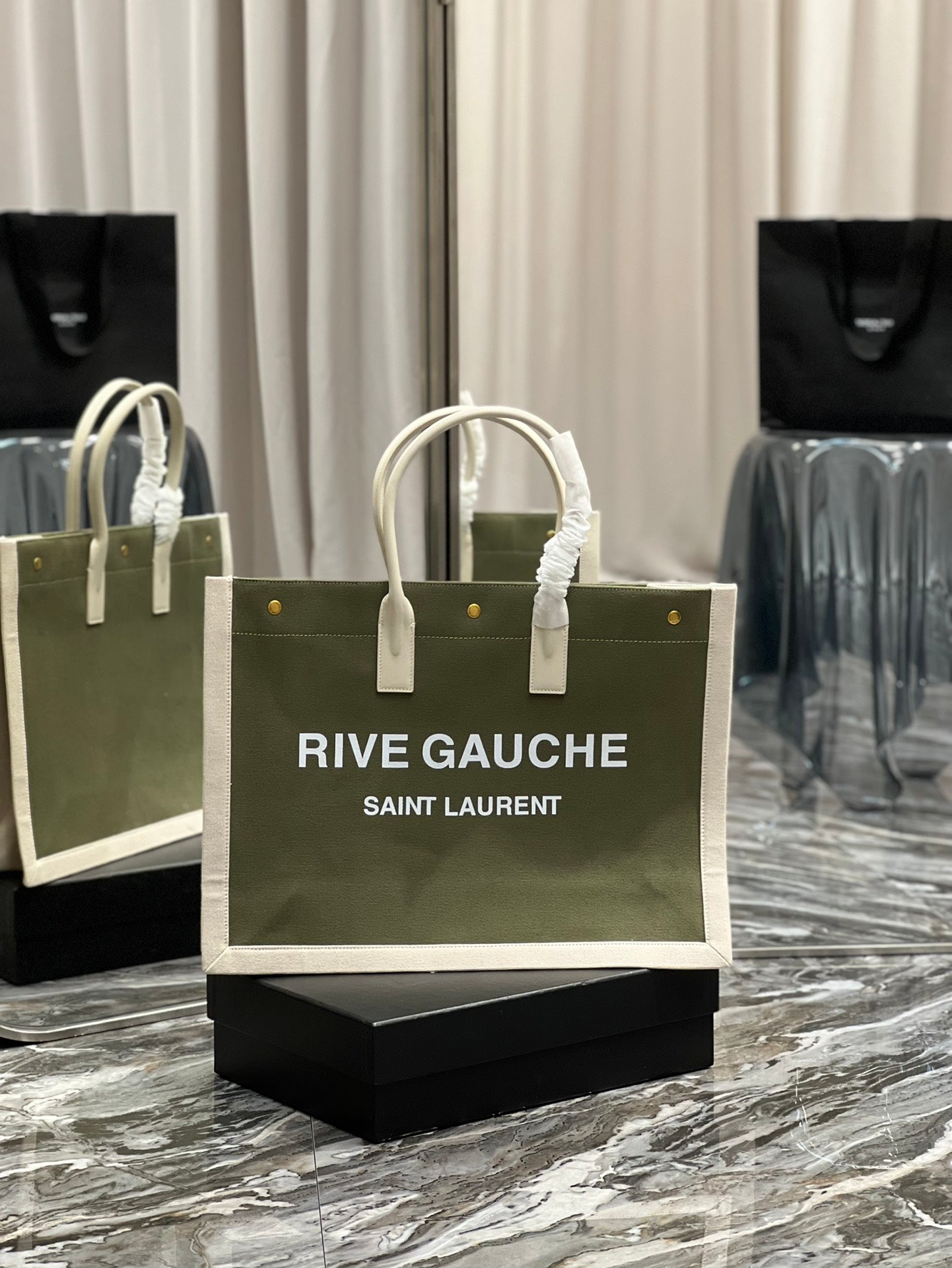 TOP Yves Saint Laurent YSL Rive Gauche Canvas Tote Bag - Green