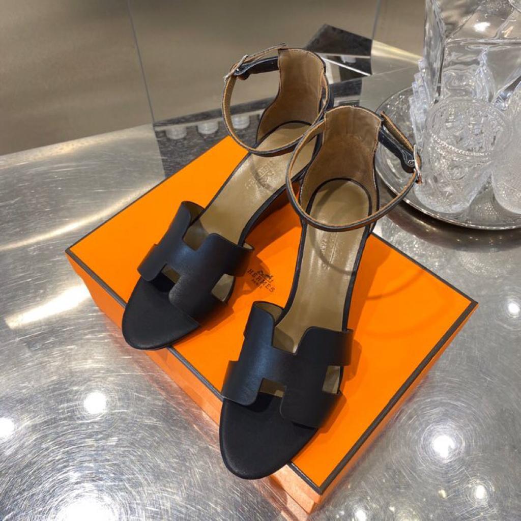 TOP HERMES Wedges Sandals Smooth Leather - Black