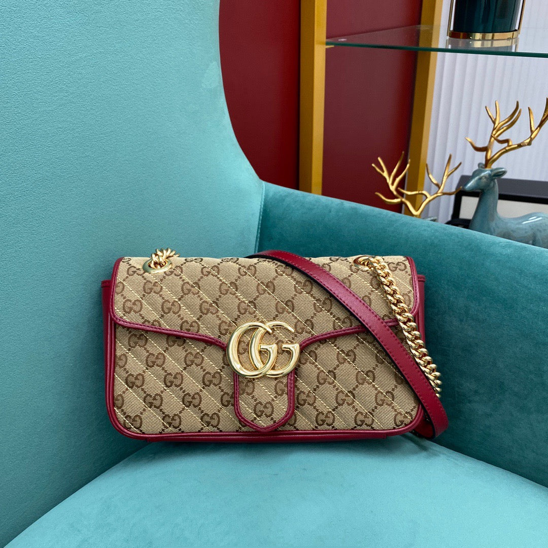 TOP GUCCI GG Marmont Bag Matelasse  Canvas Shoulder Small 26cm - Red
