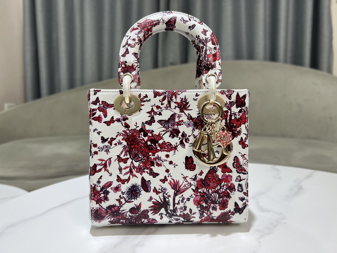 TOP Christian Dior White Calfskin leather Lady Dior Bags 20x17x8CM - Red - GHW