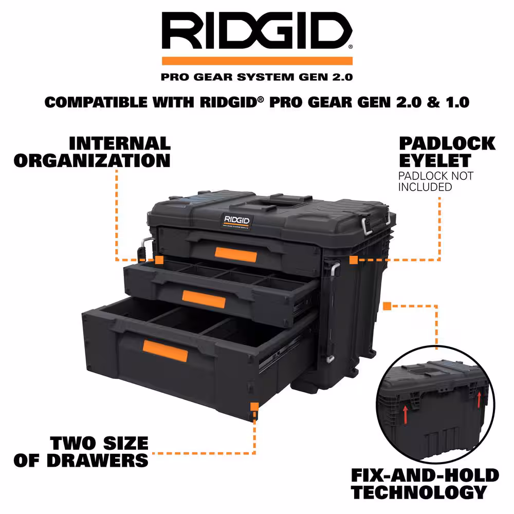 Pro Gear System Gen 2.0 XL 3-Drawers Water and Dust Resistant Durable Tool Box With Dividers For Internal Organization
