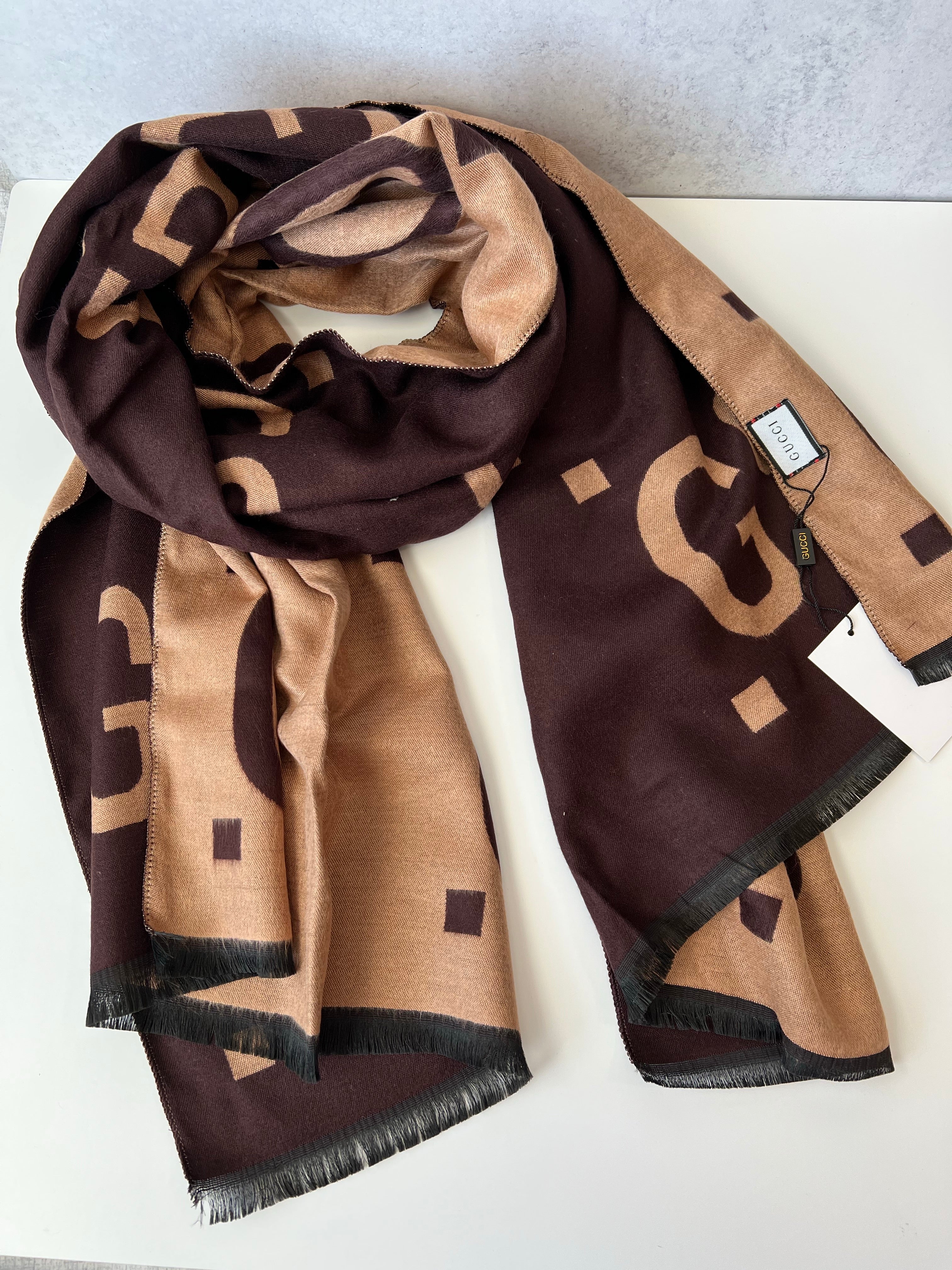 TOP GUCCI 2 tone Scarf - Brown + Beige
