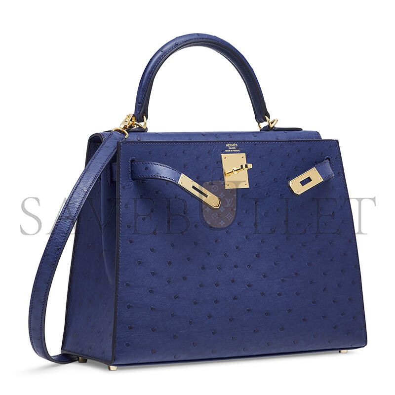 HERMÈS OSTRICH SELLIER KELLY 28 IRIS BLUE WITH GOLD HARDWARE (28*22*10cm)