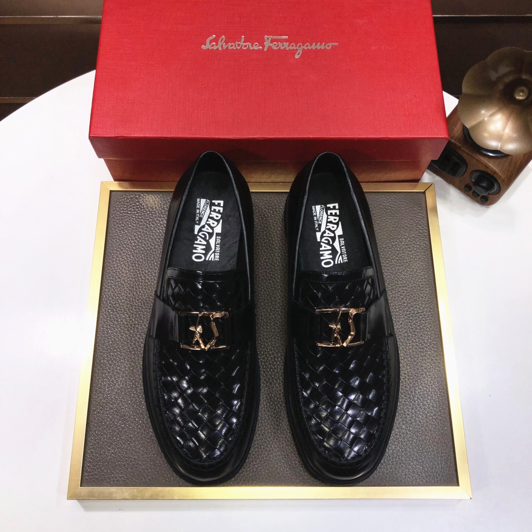 Salvatore Ferragamo Men's Woven Leather Loafers, Black Gold Buckle Thick Sole Slip-on Business Casual Dress Shoes