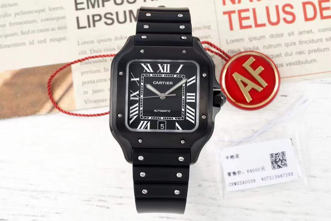 TOP Cartier Santos Watch with Black Roman Numeral Dial & Rubber Strap 39.8*47.5mm - Black/Black and Silver