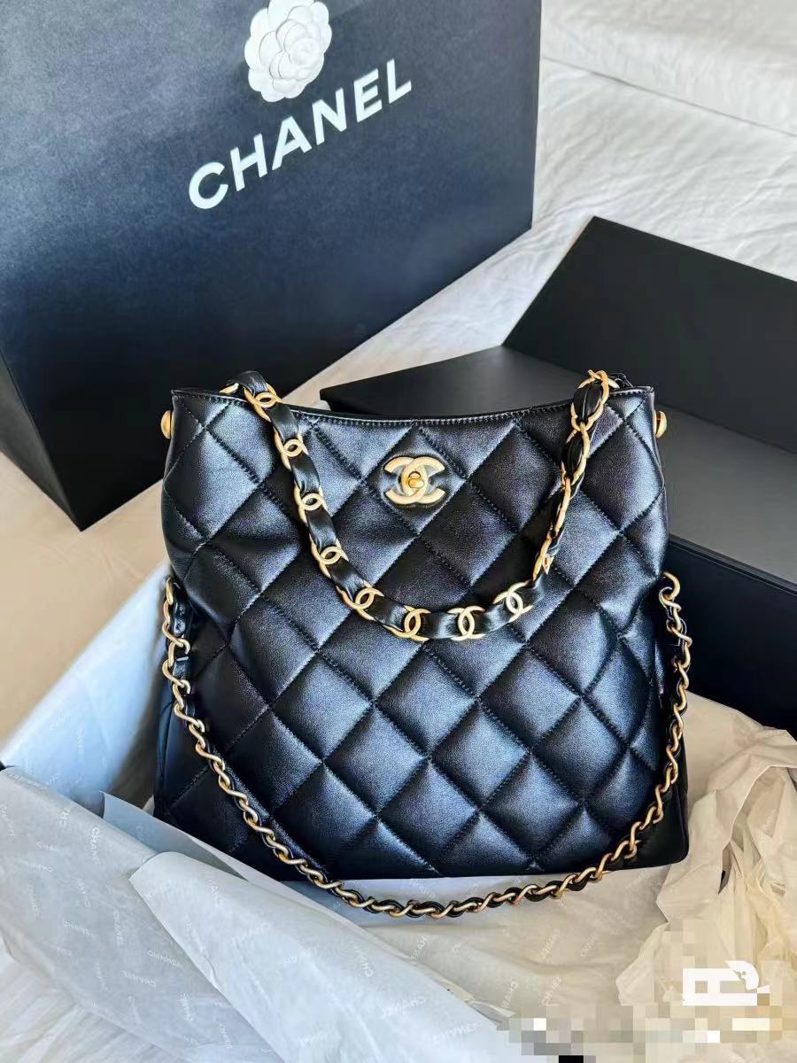 TOP CHANEL Leather 24P Hobo Bags 28CM/30CM - Black&GHW