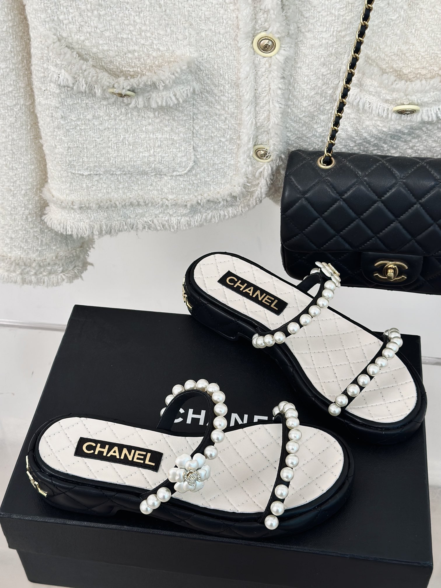 TOP CHANEL Thick-soled Camellia Pearls Slides 3cm - 3 Color