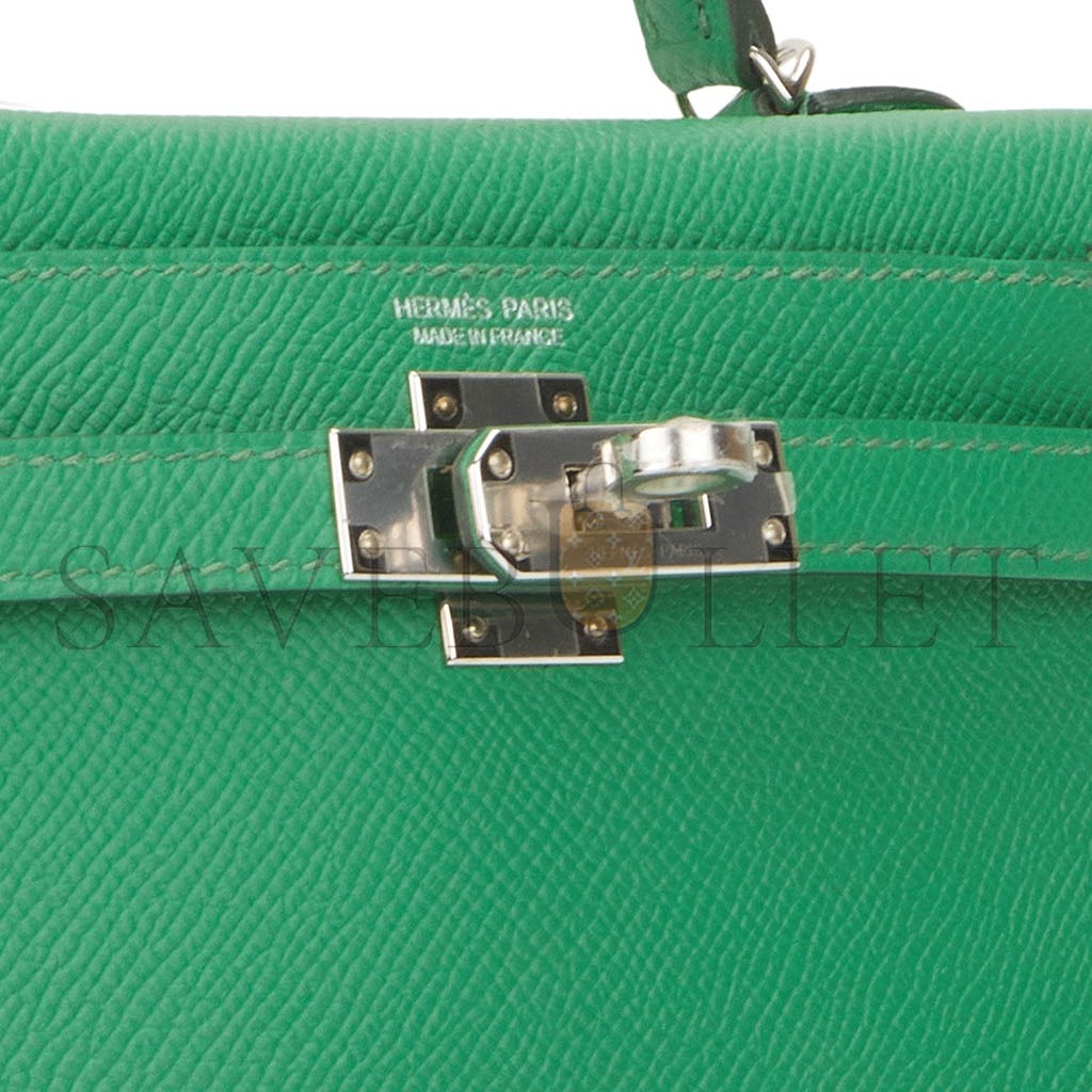 HERMÈS MINI KELLY II EPSOM COMIC GREEN SILVER BUCKLE (19*12*5.5cm)