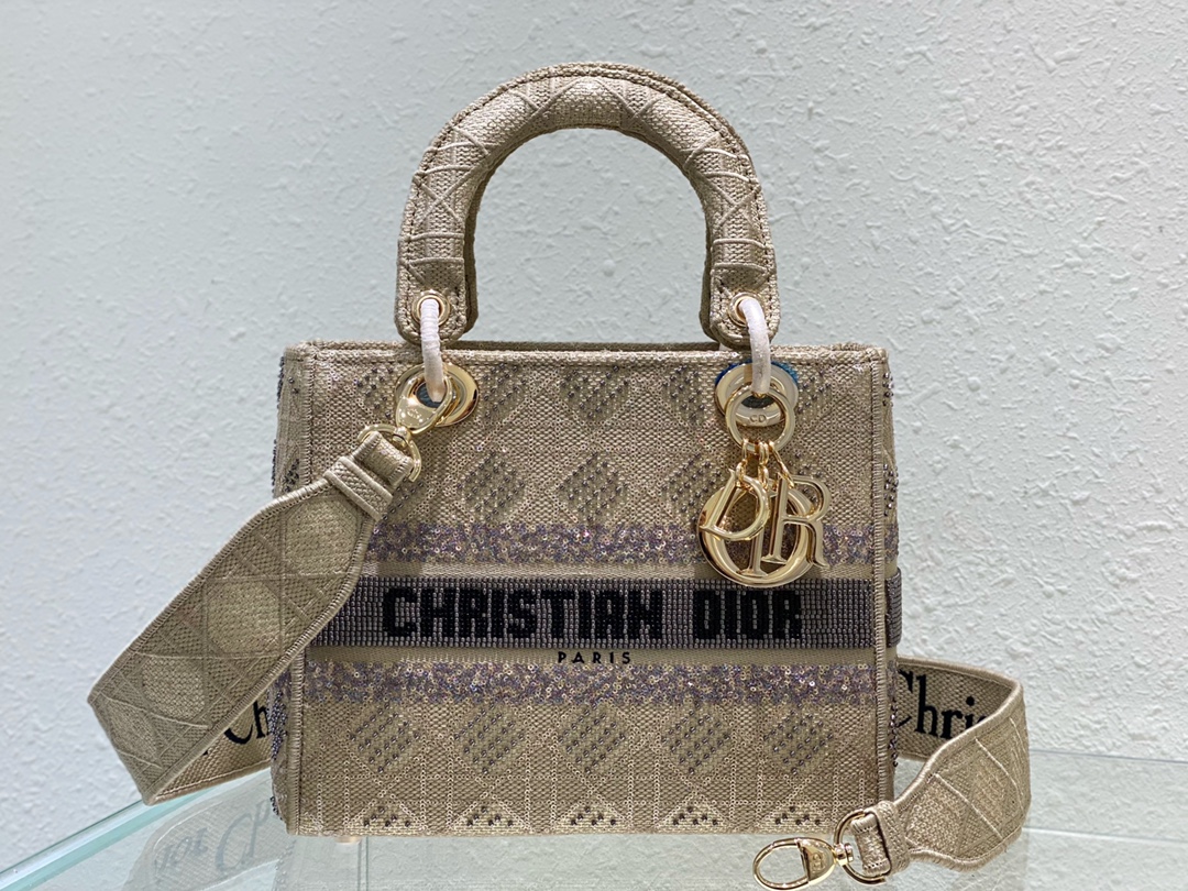 Top Christian Dior MINI LADY D-LITE BAG Gold & Pink & Apricot silk embroidery 3 colors